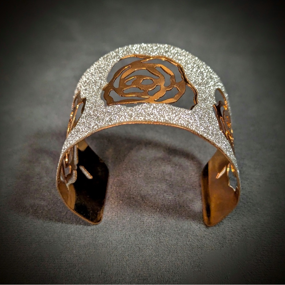 Bracelet! Elegant HANDCRAFTED Rose Gold w/ Silver cut out Rose Cuff Bracelet - Picture 4 of 4